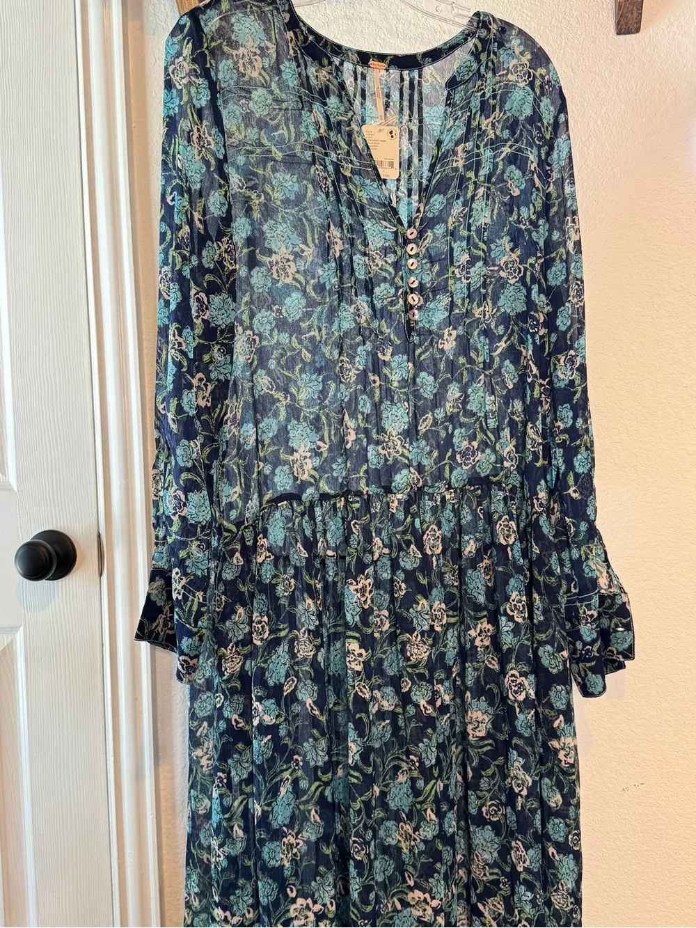 NWT Free People See It Through Maxi Floral Long Sleeve Dress Blue Size M